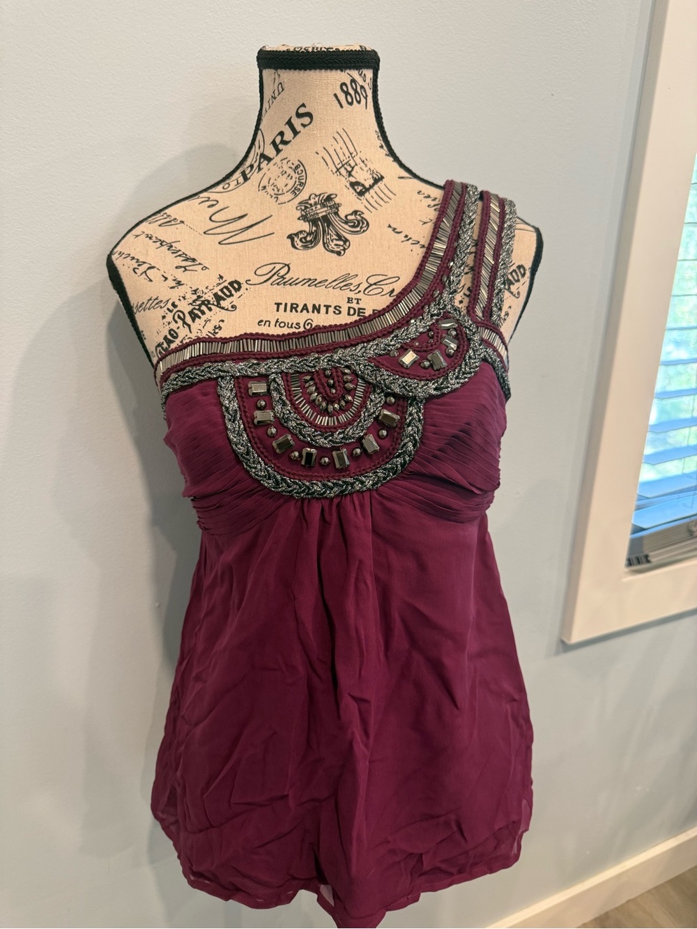 ON HOLD bebe One-Shoulder Embellished Burgundy/Purple Camisole